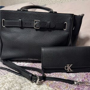 Calvin Klein Black Textured Satchel and Wallet